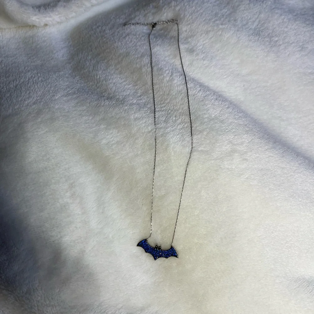 Halloween Deep Blue Sapphire & Sterling Bat Adjustable Necklace with Onyx Eyes - Picture 8 of 8